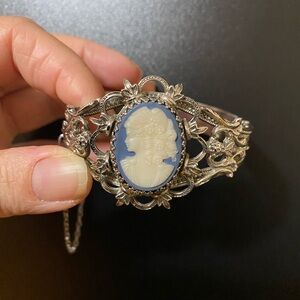 Whiting and Davis Co Vintage “Victorian Revival” Silver and Blue Cameo Bracelet